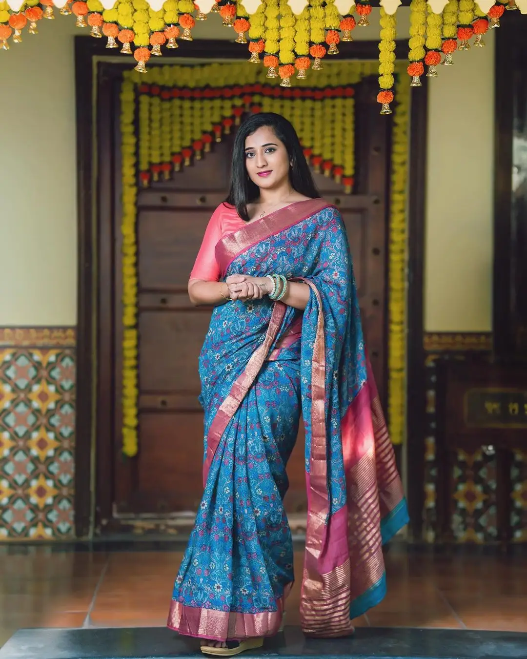 South Indian Actress Viraajita in Traditional Blue Saree Red Blouse